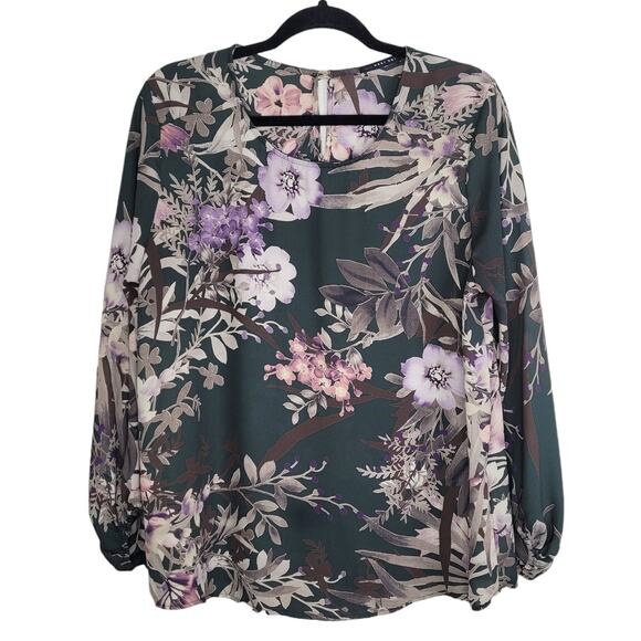 West Kei Oleksandra Flowy Crew Neck Blouse Large Dark Green Floral Lightweight - Picture 1 of 10